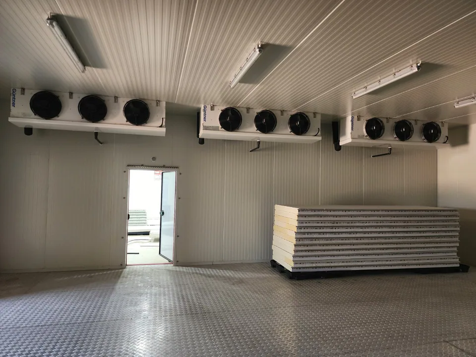 Three ceiling-mounted cold-room evaporator units inside an insulated cold space.
