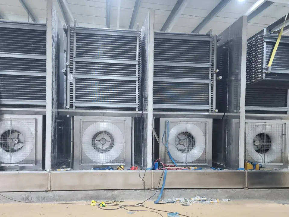 Industrial heat-exchange equipment during installation in a processing facility