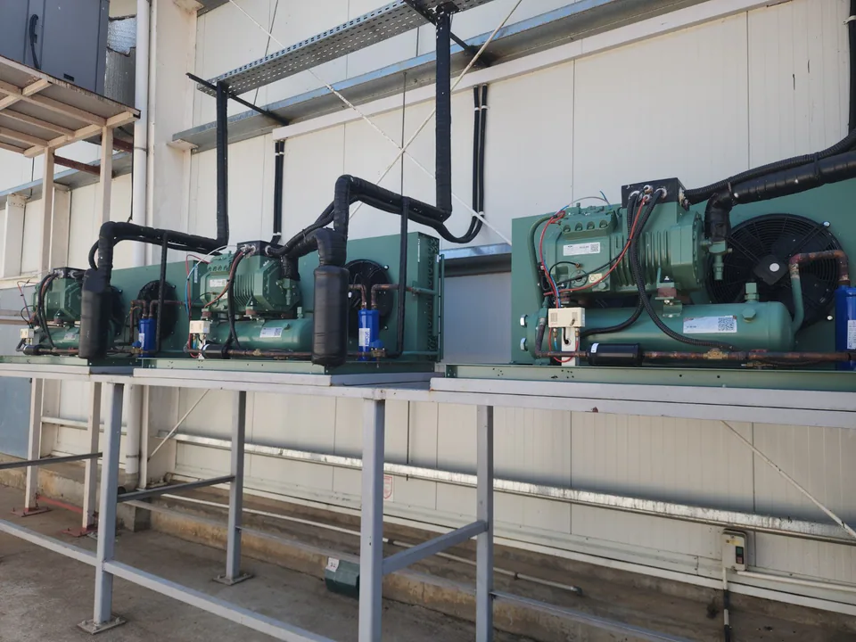 Industrial refrigeration compressor and condenser packages installed outside a processing facility.